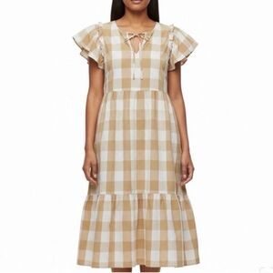 Who What Wear Tan and White Gingham Midi Dress, Size Small